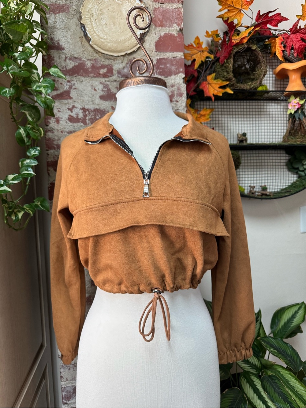 Faux Suede Y2K Style Cropped Zip Jacket Medium
